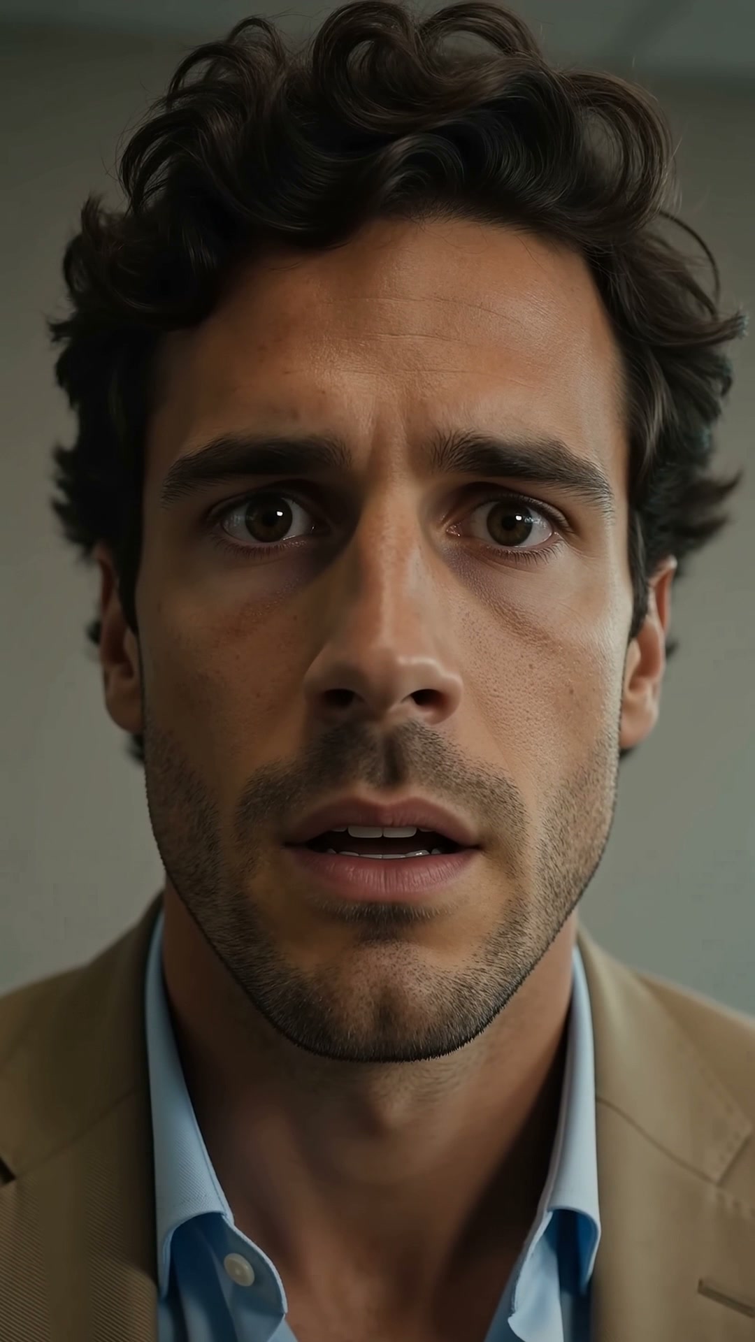 A candidate mid-pause during an interview.